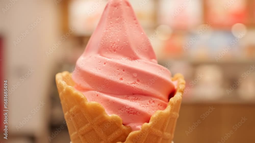 Poster strawberry soft serve ice cream cone - close-up of a swirl of pink strawberry soft serve ice cream i