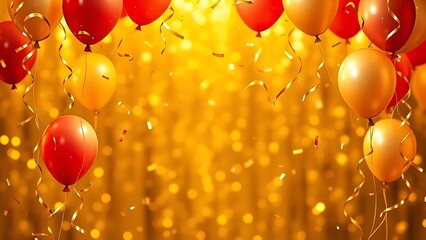 A festive golden frame filled with floating balloons and swirling confetti, capturing a lively celebration atmosphere.