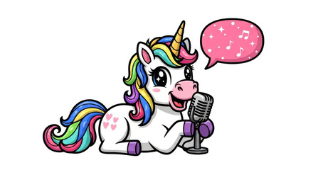 Fototapeta premium Cute cartoon unicorn singing into a microphone with a speech bubble