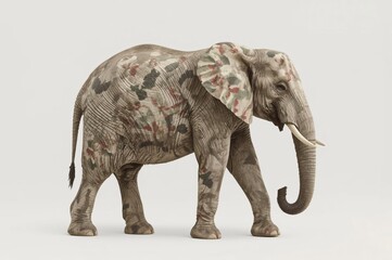 Obraz premium Camouflaged elephant walking, studio shot, neutral background, conservation