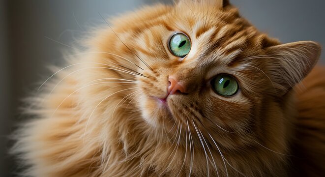 Close up of a beautiful fluffy orange cat with striking green eyes looking up curiously. - Powered by Adobe