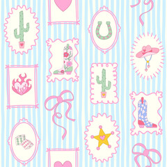 Cowgirl seamless pattern. Cowboy western theme, cactus, cowboy boots, hat, flame heart and dice in girly pink frame. Hand-drawn cartoon print on a stripy blue background. Vector illustration.