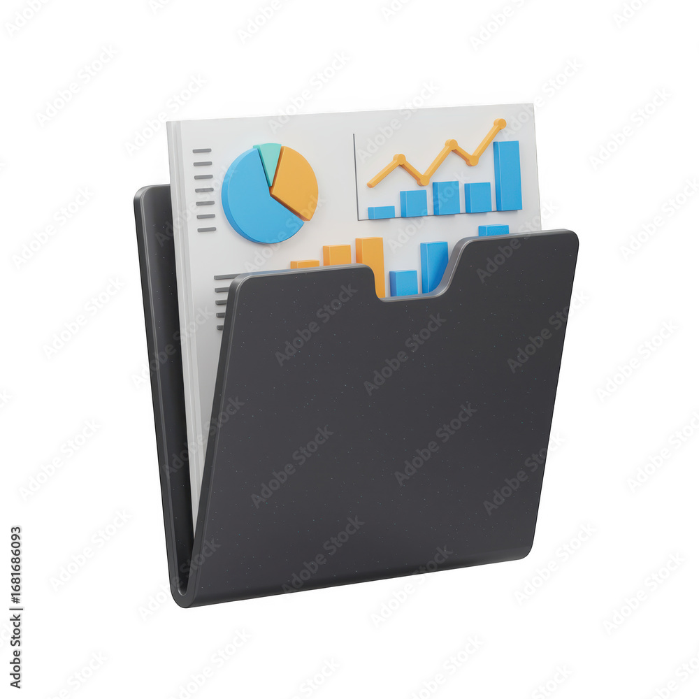 Poster folder with financial reports and charts isolated on transparent background