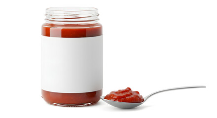 Tomato sauce jar with sauce in spoon outside, blank, no logo, isolated