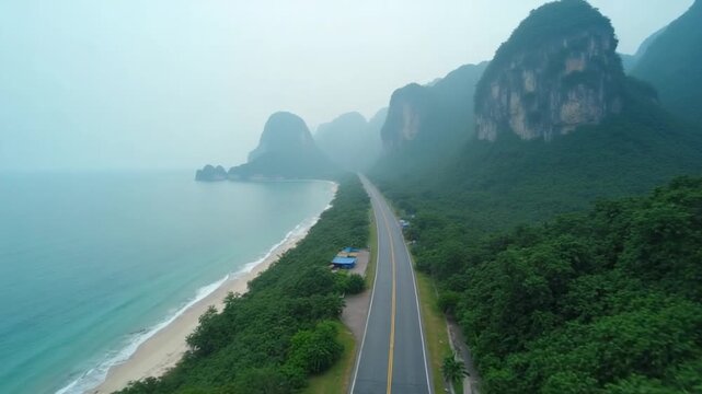 Cinematic FPV Drone Flight Over Scenic Coastal Road on Cat Ba Island, Vietnam.