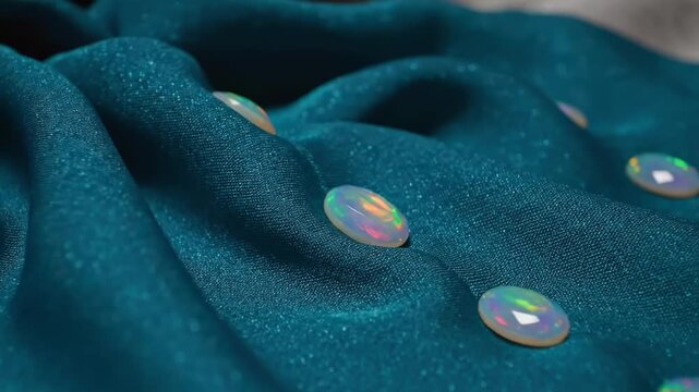 Teal Silk Scarf with Opal Embellishments - Close-up shot of a teal silk scarf adorned with several iridescent opal gemstones.
