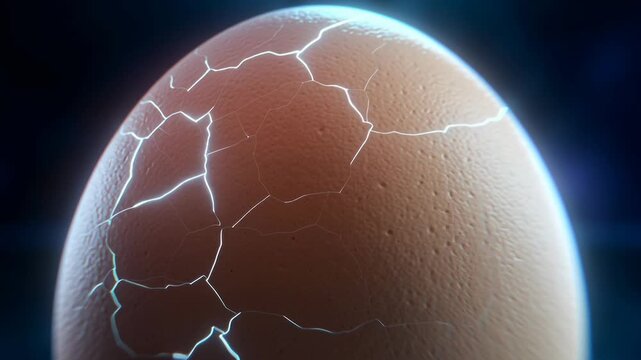 Cracked egg shell glowing with digital light pulses and effects, symbolizing technology and innovation in futuristic dark background