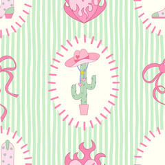 Cowgirl seamless pattern. Cowboy western theme, cactus, cowboy hat, flame heart and boots in girly style. Hand-drawn cartoon print on a stripy green background. Vector wallpaper, t-shirt and vintage.