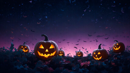 Surreal floating tower of glowing pumpkins in night sky with bats and stars, clean left side for copy.
