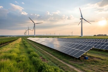 Wind turbines and solar panels in a field at sunset, showcasing renewable energy sources in a rural landscape with a dramatic sky
