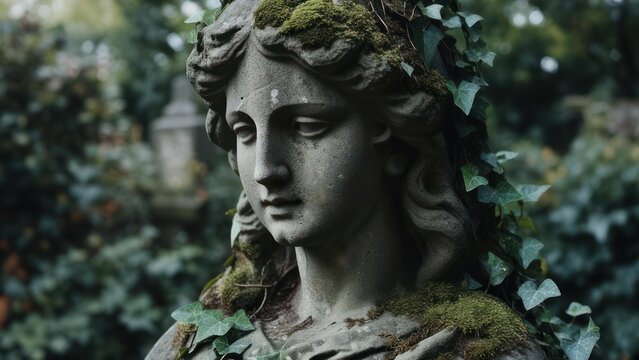 Ancient stone statue in overgrown garden