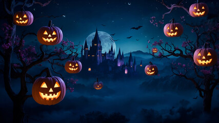 Fototapeta premium Surreal floating tower of glowing pumpkins in night sky with bats and stars, clean left side for copy.