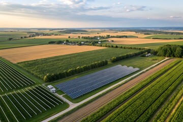 Aerial view of a solar farm in a rural landscape with fields and trees, highlighting the vast scale of renewable energy infrastructure
