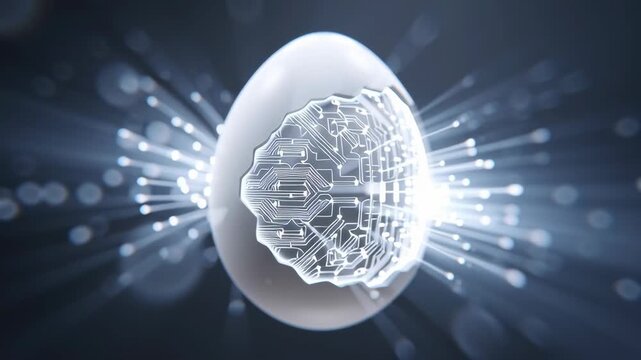 Glowing egg with digital circuit pattern splitting gently emitting bright light and data streams symbolizing technology innovation futuristic concept