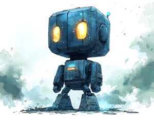 Cute Robotic Companion: A friendly, blocky robot stands confidently, a testament to technological innovation. Its design is rendered with vibrant, colorful detail