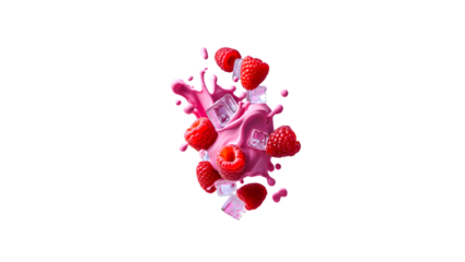 Vibrant red strawberries splashing into creamy pink liquid isolated on transparent background