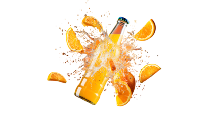 Dynamic splash of orange juice from a bottle with orange slices isolated on transparent background
