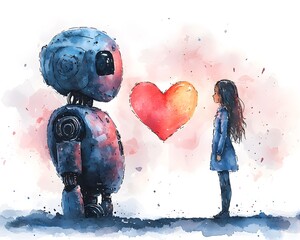 Digital Heartfelt: An enchanting illustration portrays a whimsical robot and a young girl sharing a digital heart, a heartwarming symbol of friendship, love.