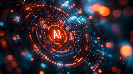Artificial Intelligence Core: A captivating digital rendering showcases the core of AI, with glowing circuits and an AI symbol at the center, symbolizing the heart of artificial intelligence. 