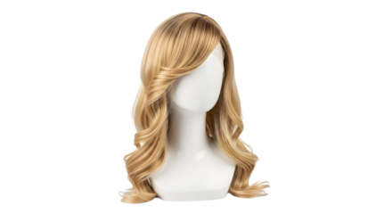 Blonde wavy wig on a mannequin head isolated on transparent background for beauty, fashion, style, cosplay, or costume purposes, perfect for salon or studio display