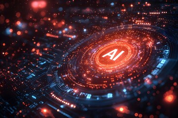 Futuristic AI Interface: A glowing AI interface pulses with energy, symbolizing innovation and technological progress, with intricate circuit patterns and dynamic light effects.