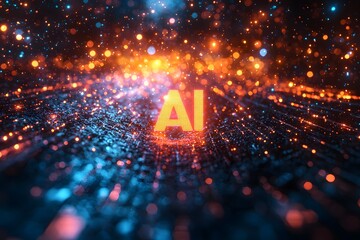AI Brilliance: A captivating display of artificial intelligence, illustrated with the letters AI glowing amidst an intricate network of digital light, illustrating technological innovation.