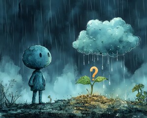 The Uncertain Path of Growth: An allegorical illustration depicts a contemplative figure facing a sprouting plant beneath a raincloud, with a question mark hovering above.