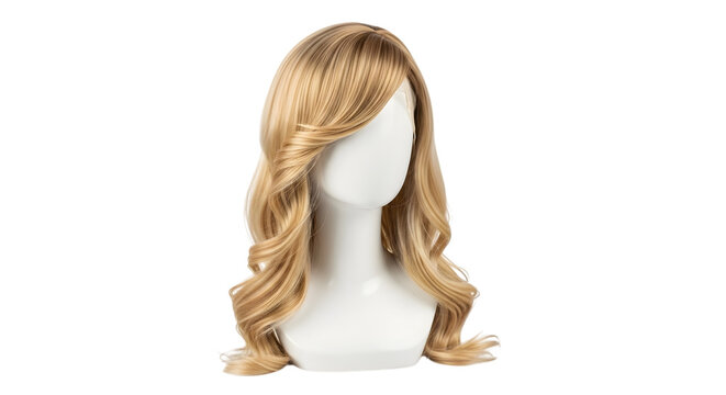 Blonde wavy wig on a mannequin head isolated on transparent background for beauty, fashion, style, cosplay, or costume purposes, perfect for salon or studio display - Powered by Adobe