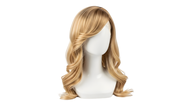 Blonde wavy wig on a mannequin head isolated on transparent background for beauty, fashion, style, cosplay, or costume purposes, perfect for salon or studio display