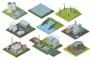 Isometric Power Plant Set Representing Various Energy Sources Including Nuclear Solar Wind and Hydro Power Generation Options