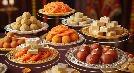 Fototapeta premium An assortment of traditional festive sweets is beautifully arranged on platters.
