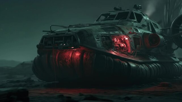 Futuristic hovercraft in night scene with red glow. Futuristic vehicle transport.