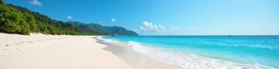 Serene coastal scene featuring pristine white sand, turquoise water, and gentle waves lapping the shore under a clear blue sky Perfect for travel, vacation, and summer themes , paradise, idyllic