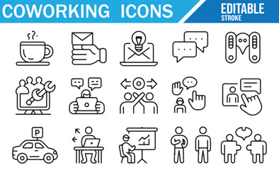 Coworking Icons Set: Coffee, Email, Location, Communication, Office, Teamwork, Meetings, Technology, Collaboration, Workspace