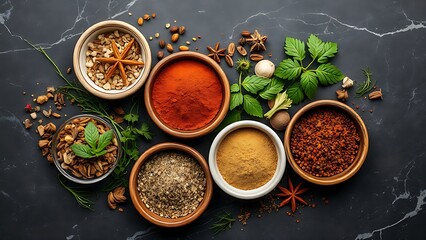 An artistic arrangement of dried herbs and spices in small bowls on a dark marble surface.
