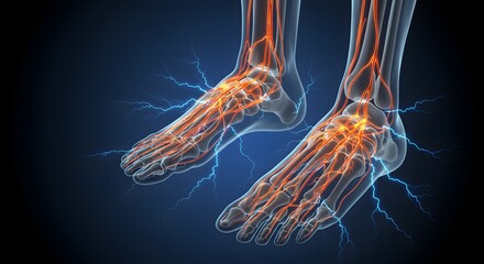 Human foot nerves and anatomy with glowing electrical pain signals. Neuropathy healthcare and diabetic nerve pain. Medical illustration of nervous system in foot structure.