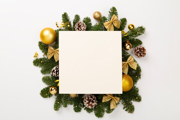 Festive Christmas tree branches with mock up black on color background, top view