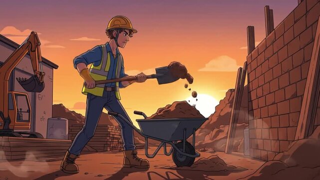 Dedicated Construction Worker Shoveling Dirt at Sunset on Building Site with Excavator and Brick Wall, Labor and Industry Concept