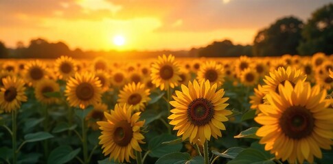 Obraz premium A vibrant sunflower field basks in the warm glow of a sunrise, its golden petals reflecting the rising sun's radiant light A breathtaking scene of nature's beauty at its finest , outdoor, summer