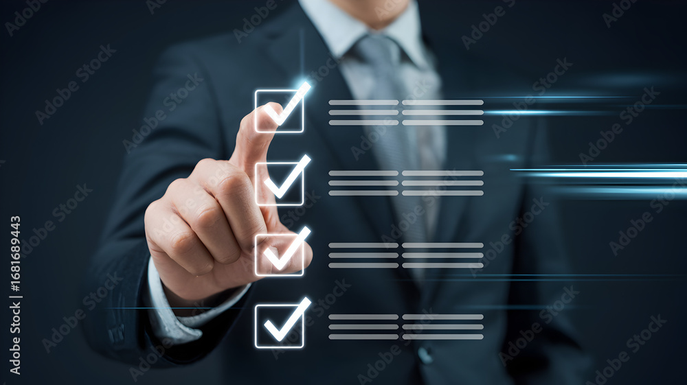 Poster businessman touching virtual checklist with check marks representing task management productivity pl