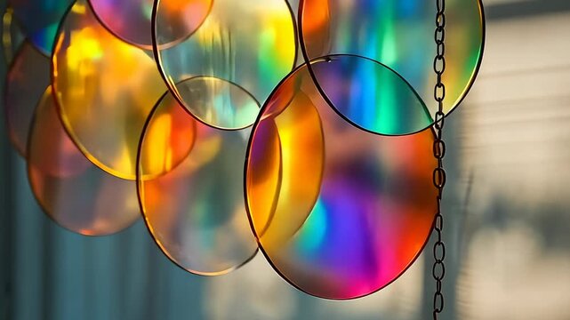 Close-up of an iridescent wind chime made of upcycled CDs, reflecting sunlight and creating a colorful display.
