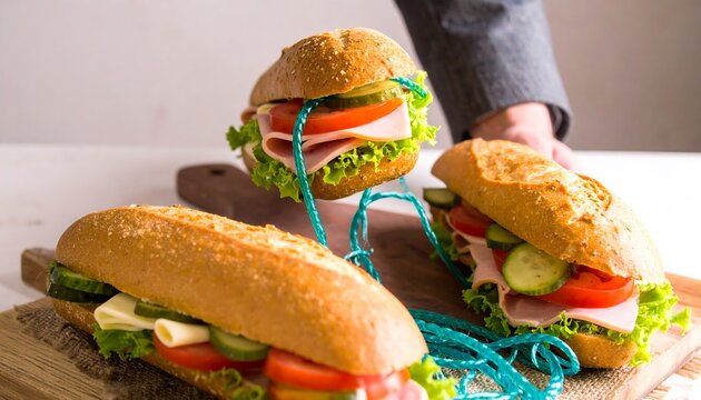 Three submarine sandwiches levitate, connected by a teal cord, on a rustic wooden board