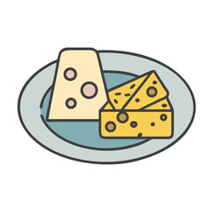Illustration of cheese blocks and slices on a plate, a dairy product with holes, , vector style icon