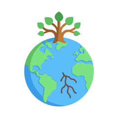 Illustration of a tree growing on the earth globe, symbolizing ecology, environment, and sustainable growth