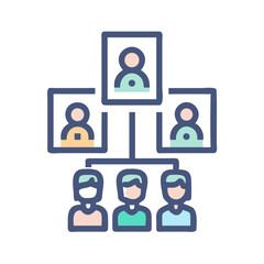 Vector art of organization chart showing the structure and hierarchy of a company with team members