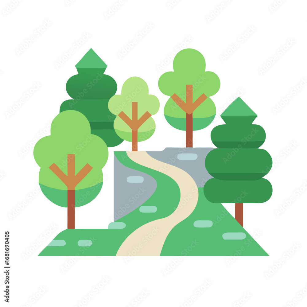 Aufkleber vector art of a winding path through a green forest with trees and hills, creating a peaceful and sc