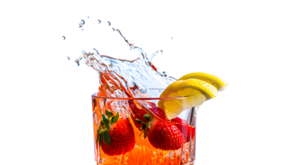 Refreshing strawberry lemonade cocktail splash with fresh fruit and ice isolated on transparent background