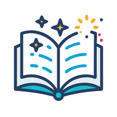 Illustration of an open book with magical stars, representing knowledge, learning, and the power of imagination