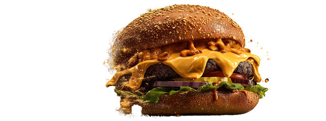a cheeseburger with an abundance of delicious ingredients, the contents spilling into the air, against a dark background, in the style of a realistic photographic style.