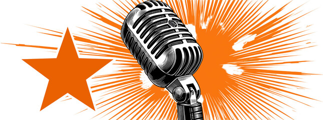a microphone with an orange star behind it, in the style of clipart on a transparent background. 